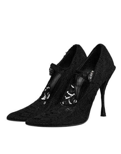 Dolce & Gabbana Black Lace Crystals Mary Jane Pumps Shoes - SMARTMARTNZ
