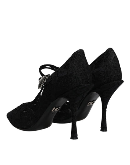 Dolce & Gabbana Black Lace Crystals Mary Jane Pumps Shoes - SMARTMARTNZ