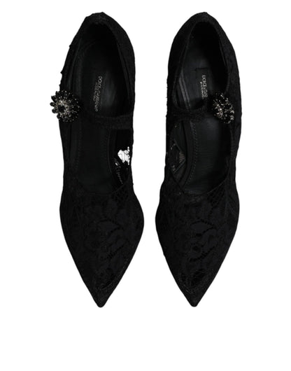 Dolce & Gabbana Black Lace Crystals Mary Jane Pumps Shoes - SMARTMARTNZ