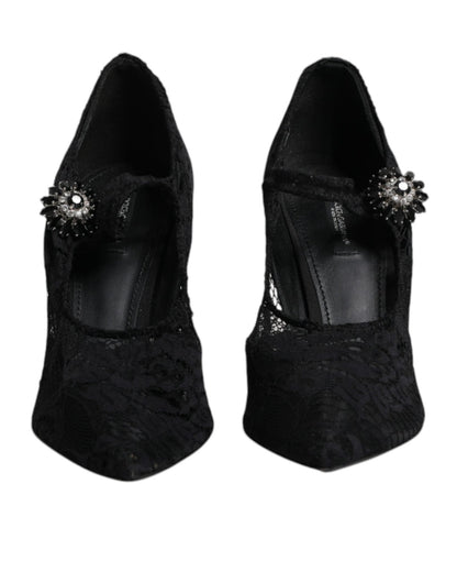 Dolce & Gabbana Black Lace Crystals Mary Jane Pumps Shoes - SMARTMARTNZ