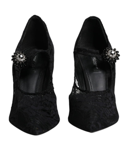 Dolce & Gabbana Black Lace Crystals Mary Jane Pumps Shoes - SMARTMARTNZ