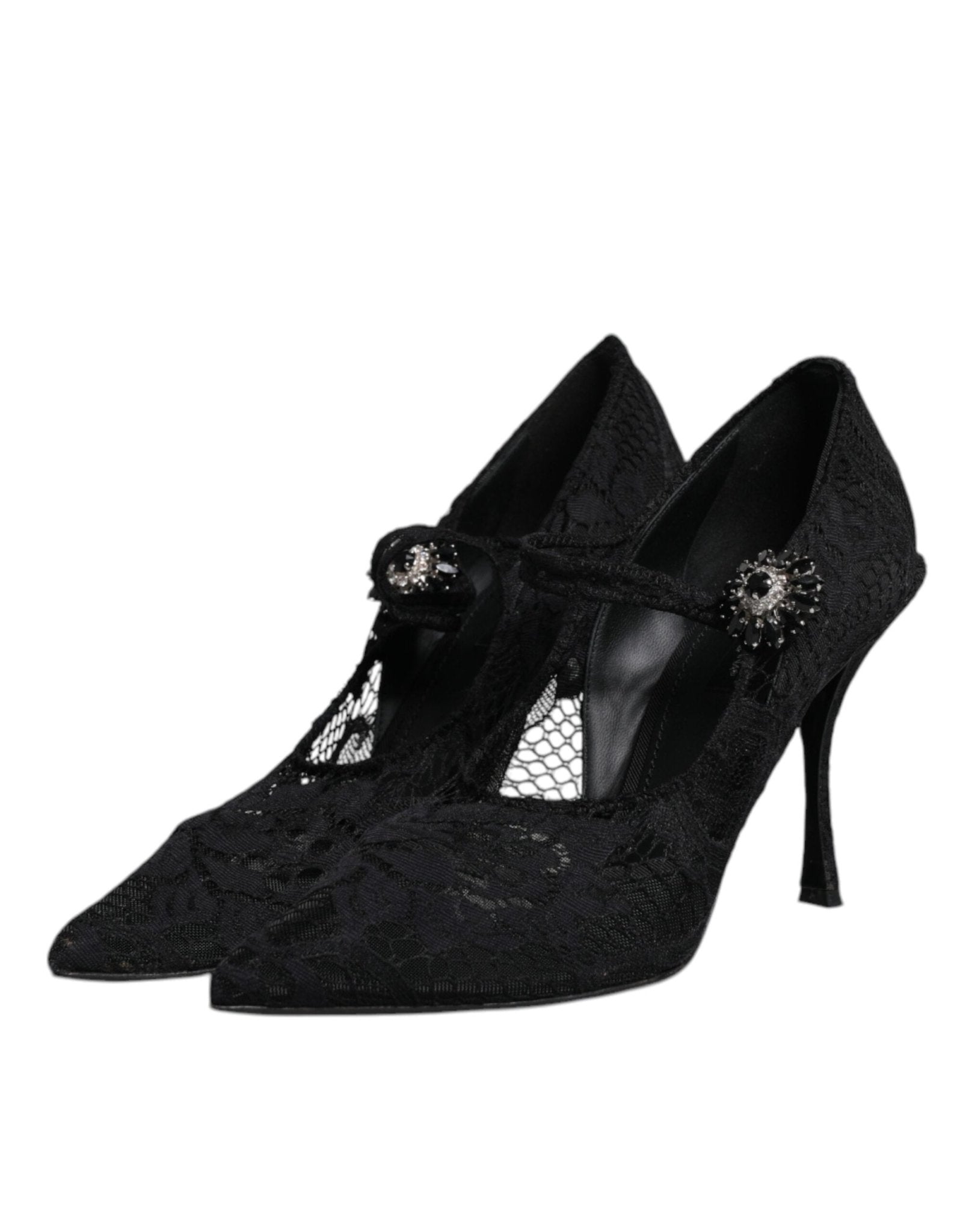 Dolce & Gabbana Black Lace Crystals Mary Jane Pumps Shoes - SMARTMARTNZ