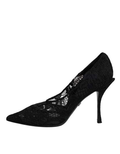 Dolce & Gabbana Black Lace Crystals Mary Jane Pumps Shoes - SMARTMARTNZ