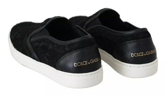 Dolce & Gabbana Black Lace Leather Logo Flat Slip - On Sneakers - SMARTMARTNZ