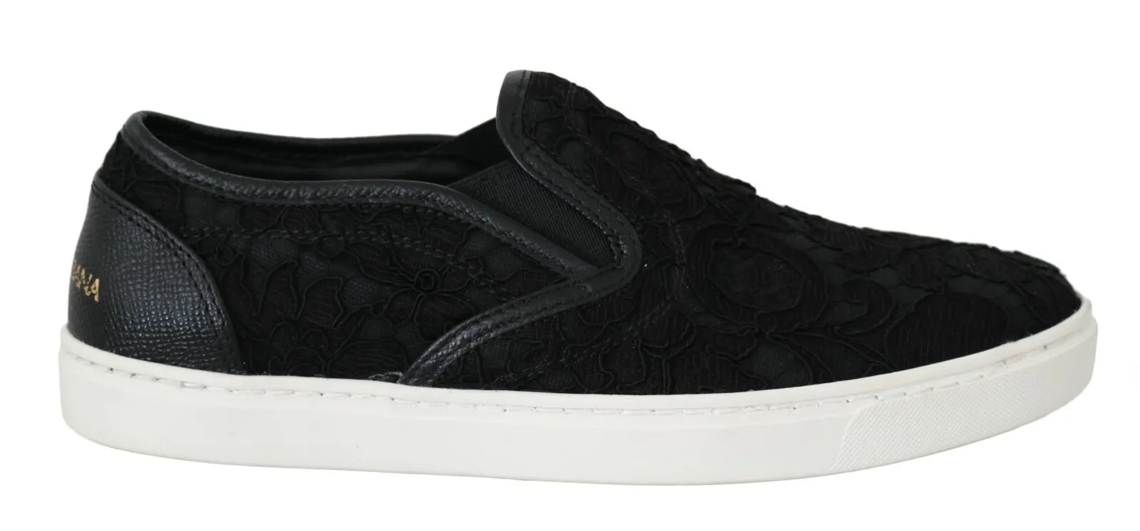 Dolce & Gabbana Black Lace Leather Logo Flat Slip - On Sneakers - SMARTMARTNZ