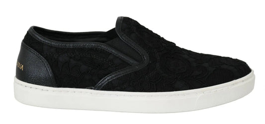 Dolce & Gabbana Black Lace Leather Logo Flat Slip - On Sneakers - SMARTMARTNZ