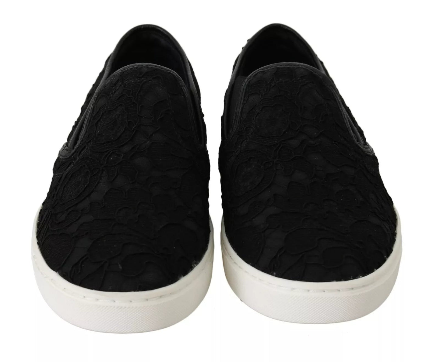 Dolce & Gabbana Black Lace Leather Logo Flat Slip - On Sneakers - SMARTMARTNZ