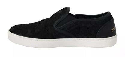 Dolce & Gabbana Black Lace Leather Logo Flat Slip - On Sneakers - SMARTMARTNZ