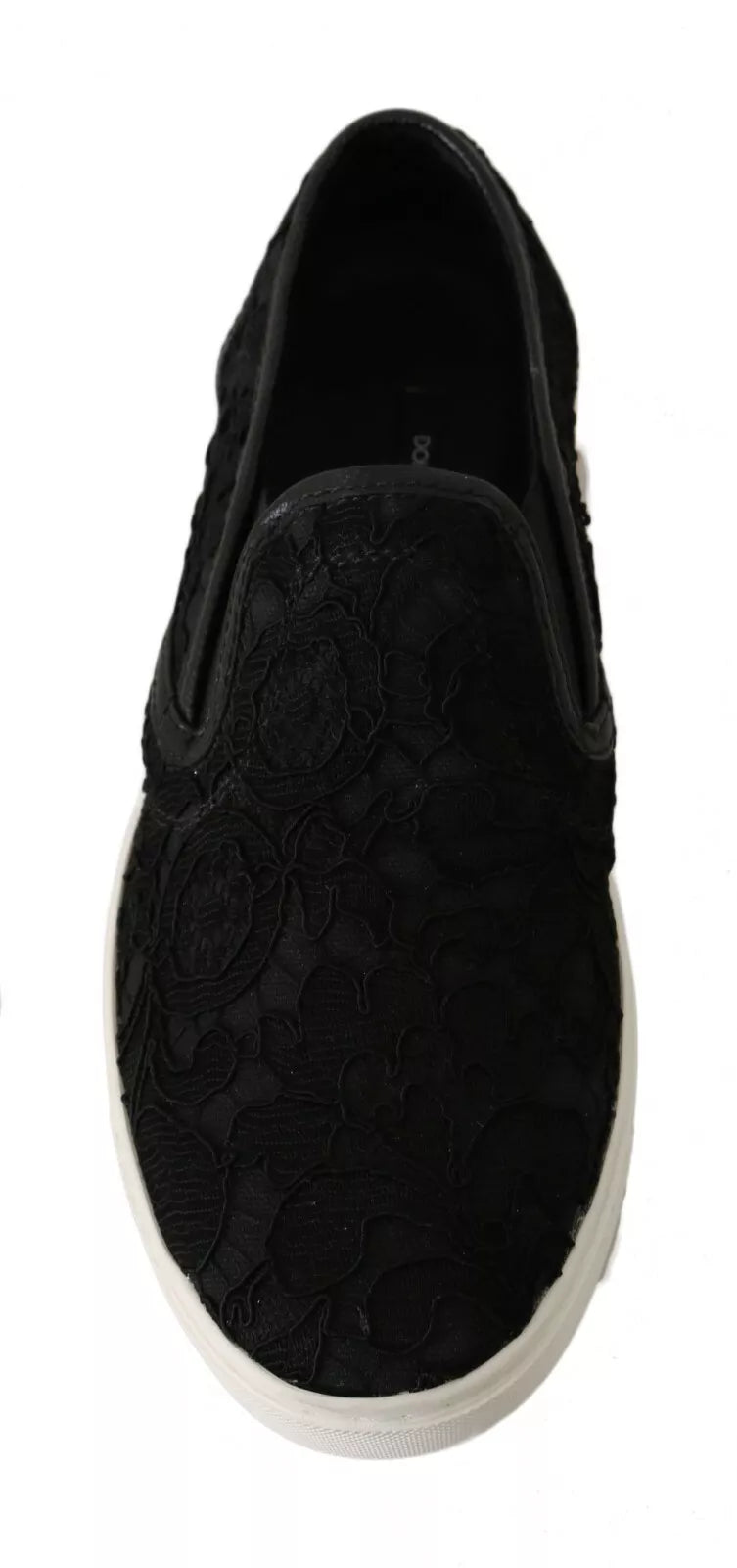 Dolce & Gabbana Black Lace Leather Logo Flat Slip - On Sneakers - SMARTMARTNZ