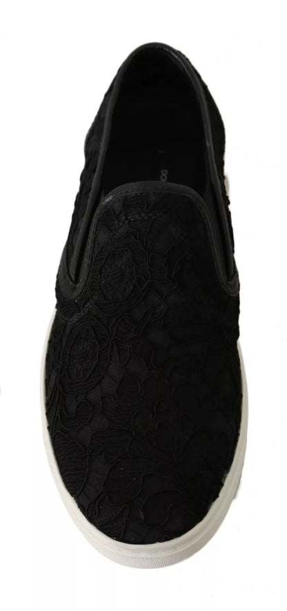 Dolce & Gabbana Black Lace Leather Logo Flat Slip - On Sneakers - SMARTMARTNZ