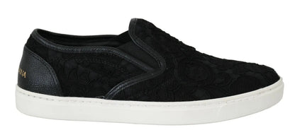 Dolce & Gabbana Black Lace Leather Logo Flat Slip - On Sneakers - SMARTMARTNZ