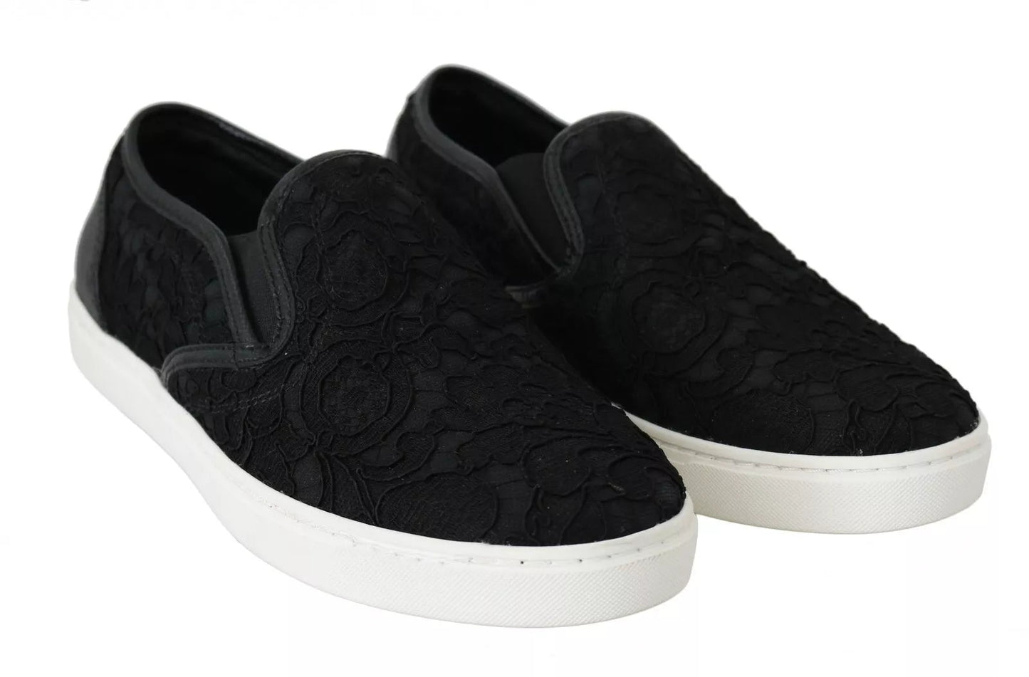 Dolce & Gabbana Black Lace Leather Logo Flat Slip - On Sneakers - SMARTMARTNZ