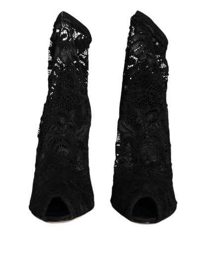 Dolce & Gabbana Black Lace Stretch Heels Mid Calf Boot Shoes - SMARTMARTNZ