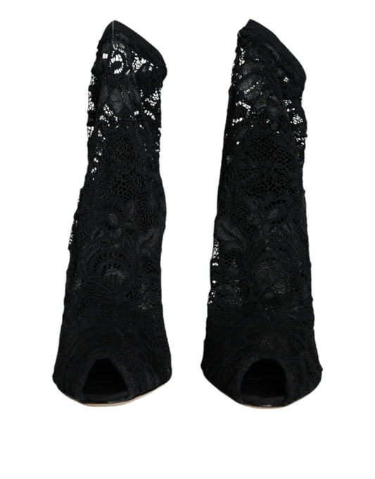 Dolce & Gabbana Black Lace Stretch Heels Mid Calf Boot Shoes - SMARTMARTNZ