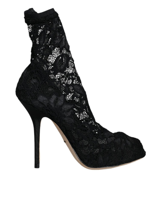 Dolce & Gabbana Black Lace Stretch Heels Mid Calf Boot Shoes - SMARTMARTNZ