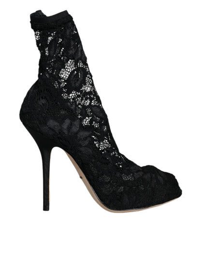 Dolce & Gabbana Black Lace Stretch Heels Mid Calf Boot Shoes - SMARTMARTNZ