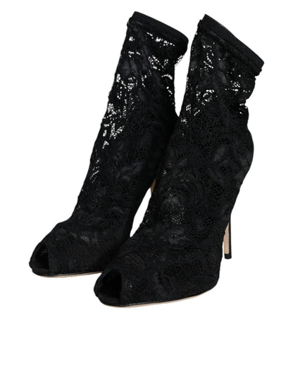 Dolce & Gabbana Black Lace Stretch Heels Mid Calf Boot Shoes - SMARTMARTNZ