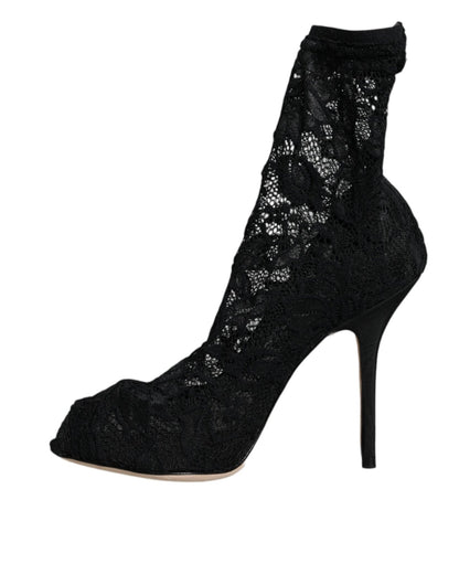 Dolce & Gabbana Black Lace Stretch Heels Mid Calf Boot Shoes - SMARTMARTNZ