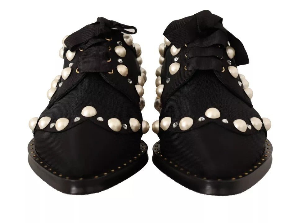 Dolce & Gabbana Black Lace Up Jewelled Formal Flats Shoes - SMARTMARTNZ