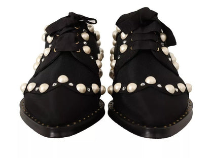 Dolce & Gabbana Black Lace Up Jewelled Formal Flats Shoes - SMARTMARTNZ
