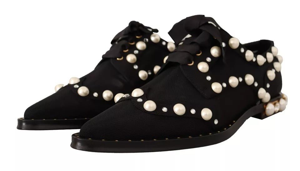 Dolce & Gabbana Black Lace Up Jewelled Formal Flats Shoes - SMARTMARTNZ
