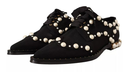 Dolce & Gabbana Black Lace Up Jewelled Formal Flats Shoes - SMARTMARTNZ