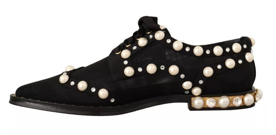 Dolce & Gabbana Black Lace Up Jewelled Formal Flats Shoes - SMARTMARTNZ