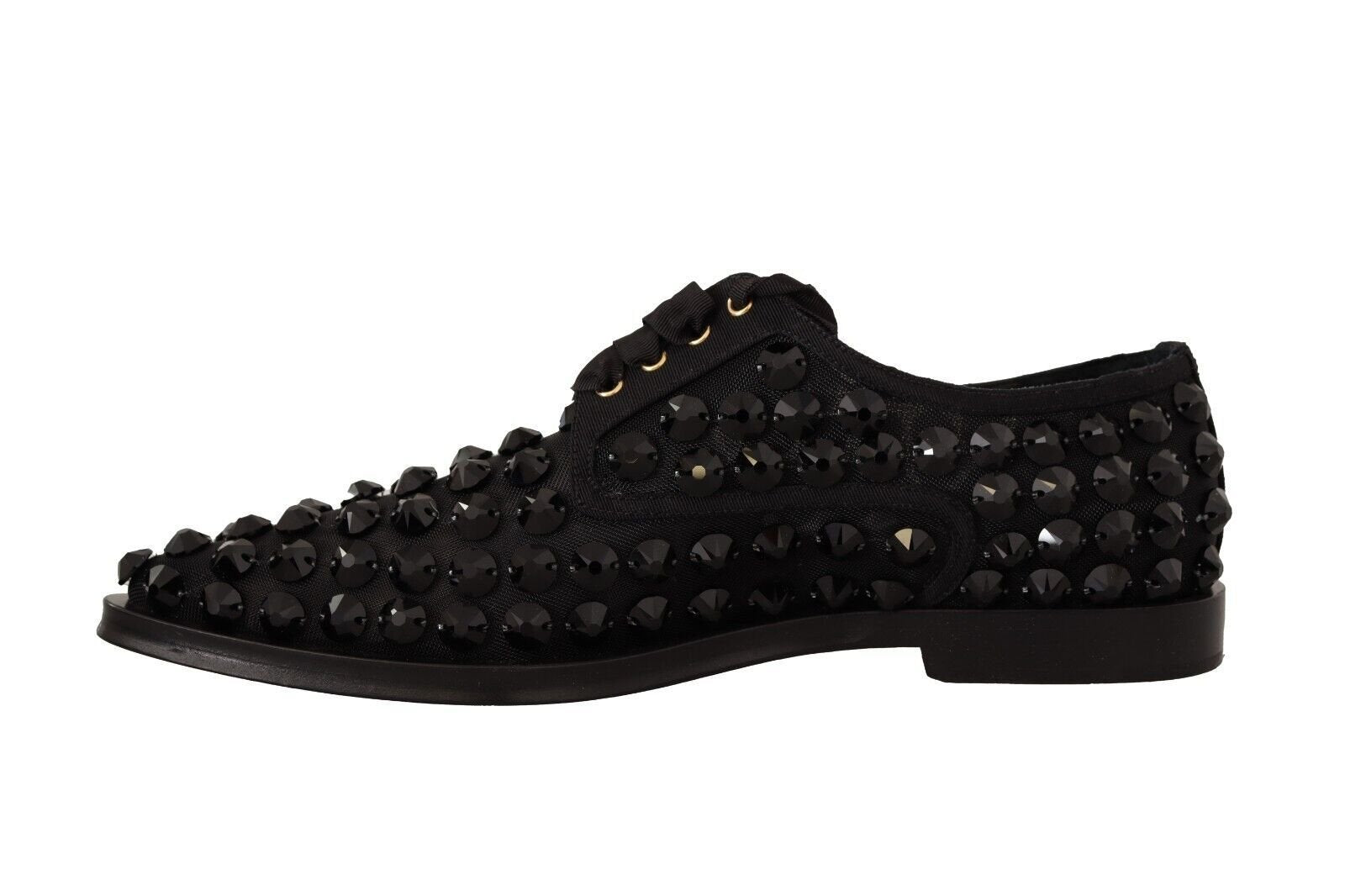 Dolce & Gabbana Black Lace Up Studded Formal Flats Shoes - SMARTMARTNZ