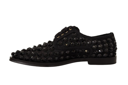 Dolce & Gabbana Black Lace Up Studded Formal Flats Shoes - SMARTMARTNZ