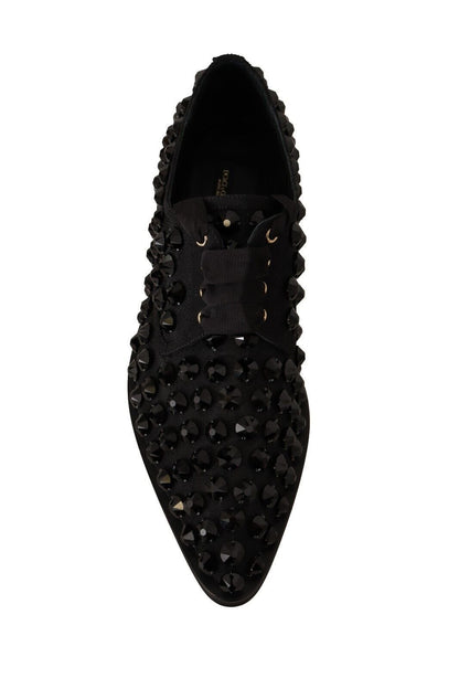 Dolce & Gabbana Black Lace Up Studded Formal Flats Shoes - SMARTMARTNZ