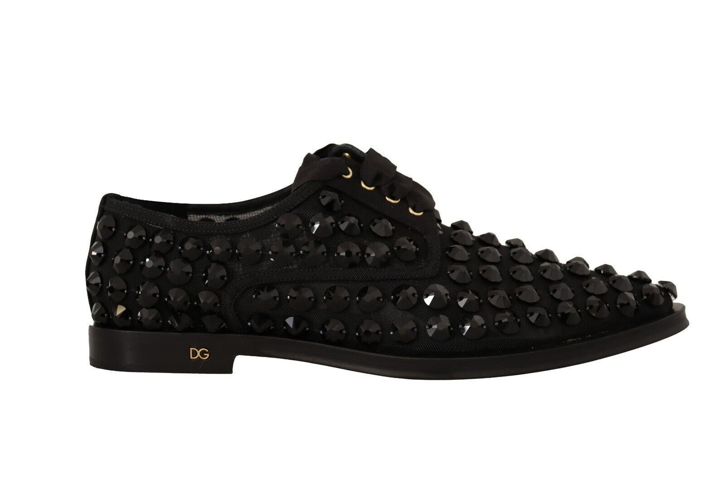 Dolce & Gabbana Black Lace Up Studded Formal Flats Shoes - SMARTMARTNZ