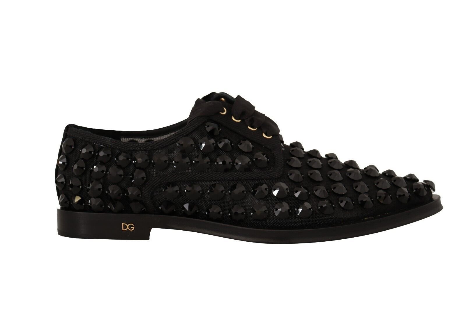 Dolce & Gabbana Black Lace Up Studded Formal Flats Shoes - SMARTMARTNZ
