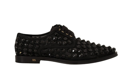 Dolce & Gabbana Black Lace Up Studded Formal Flats Shoes - SMARTMARTNZ
