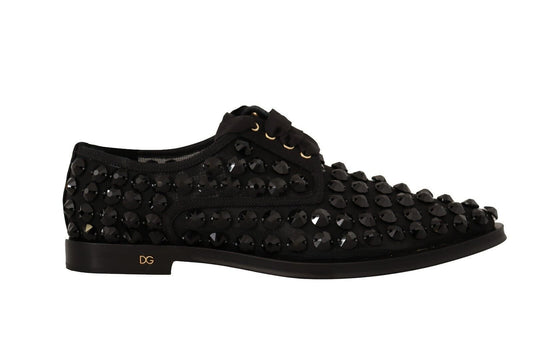 Dolce & Gabbana Black Lace Up Studded Formal Flats Shoes - SMARTMARTNZ