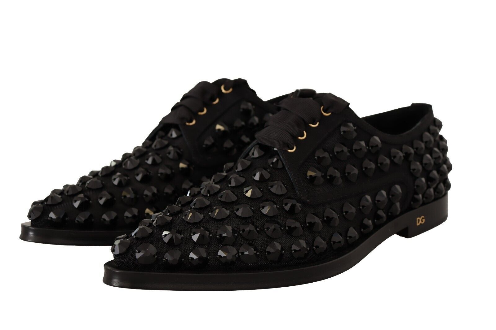 Dolce & Gabbana Black Lace Up Studded Formal Flats Shoes - SMARTMARTNZ