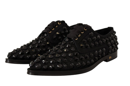 Dolce & Gabbana Black Lace Up Studded Formal Flats Shoes - SMARTMARTNZ