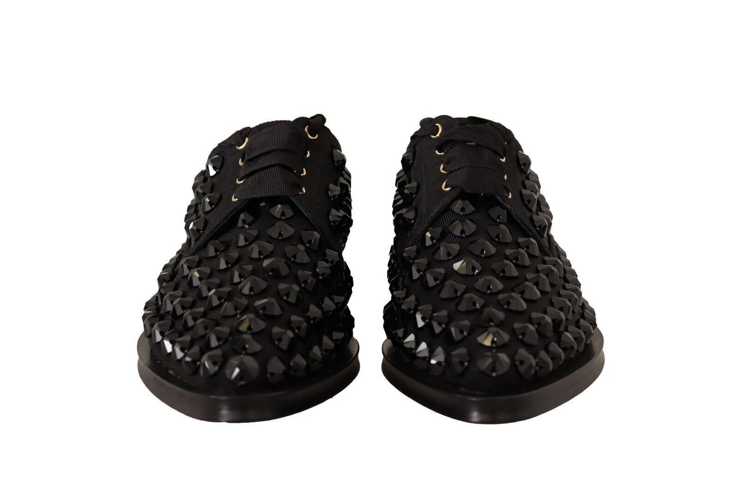Dolce & Gabbana Black Lace Up Studded Formal Flats Shoes - SMARTMARTNZ