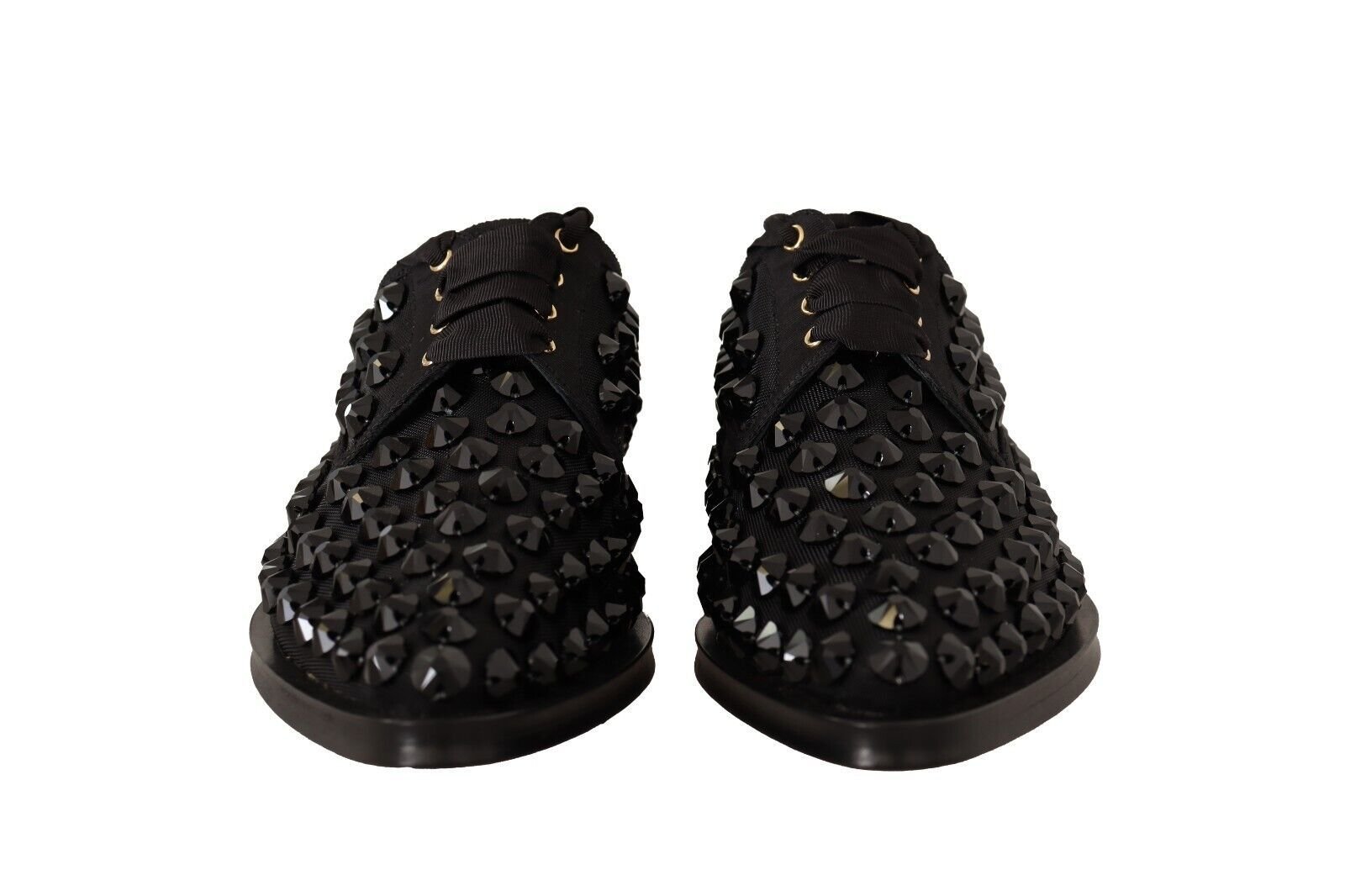 Dolce & Gabbana Black Lace Up Studded Formal Flats Shoes - SMARTMARTNZ