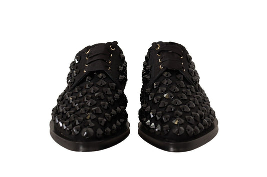 Dolce & Gabbana Black Lace Up Studded Formal Flats Shoes - SMARTMARTNZ