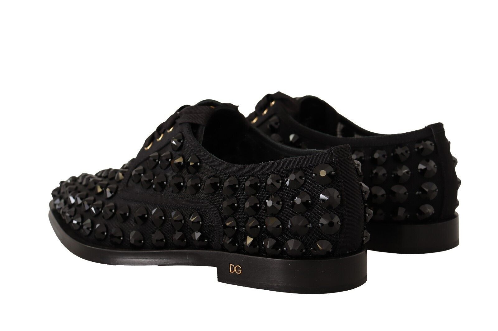 Dolce & Gabbana Black Lace Up Studded Formal Flats Shoes - SMARTMARTNZ