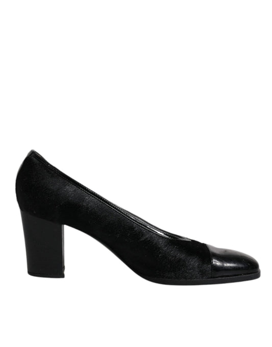 Dolce & Gabbana Black Leather Block Heels Pumps Shoes - SMARTMARTNZ