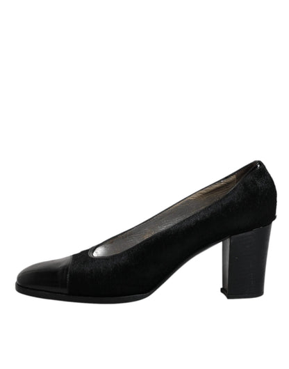 Dolce & Gabbana Black Leather Block Heels Pumps Shoes - SMARTMARTNZ