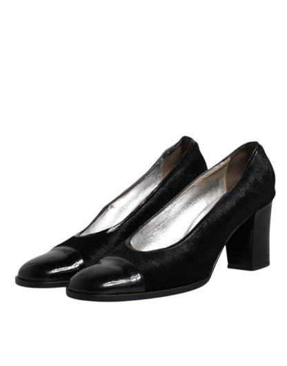 Dolce & Gabbana Black Leather Block Heels Pumps Shoes - SMARTMARTNZ