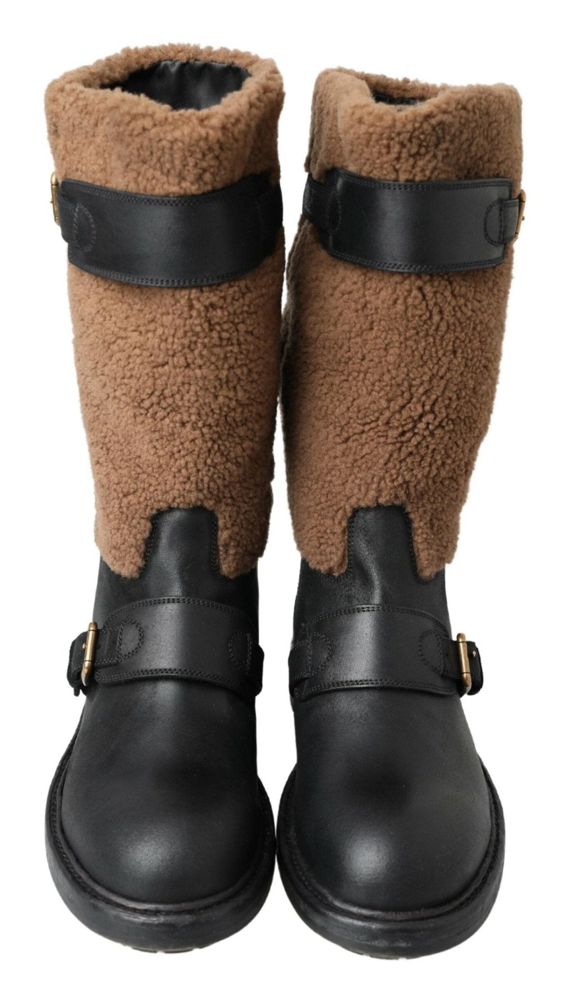 Dolce & Gabbana Black Leather Brown Shearling Boots - SMARTMARTNZ