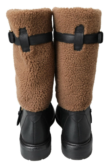 Dolce & Gabbana Black Leather Brown Shearling Boots - SMARTMARTNZ