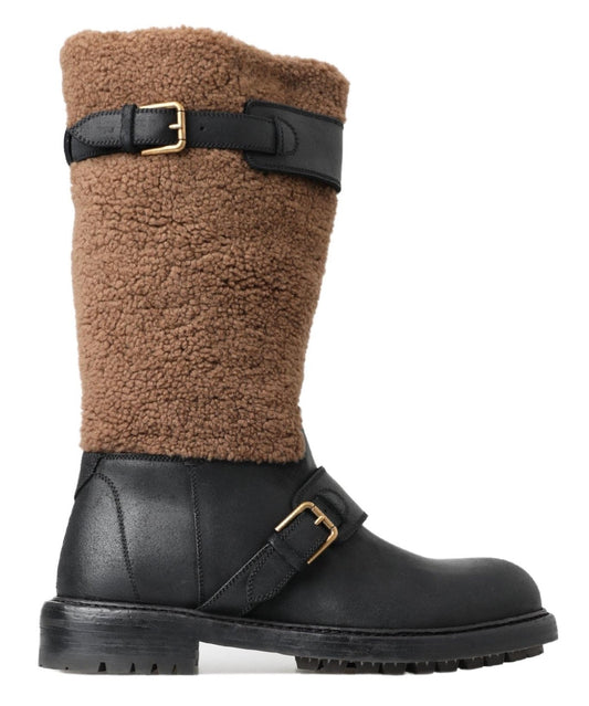 Dolce & Gabbana Black Leather Brown Shearling Boots - SMARTMARTNZ