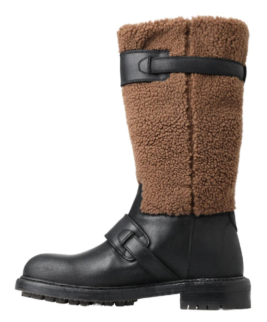 Dolce & Gabbana Black Leather Brown Shearling Boots - SMARTMARTNZ