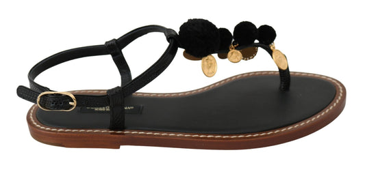 Dolce & Gabbana Black Leather Coins Flip Flops Sandals Shoes - SMARTMARTNZ