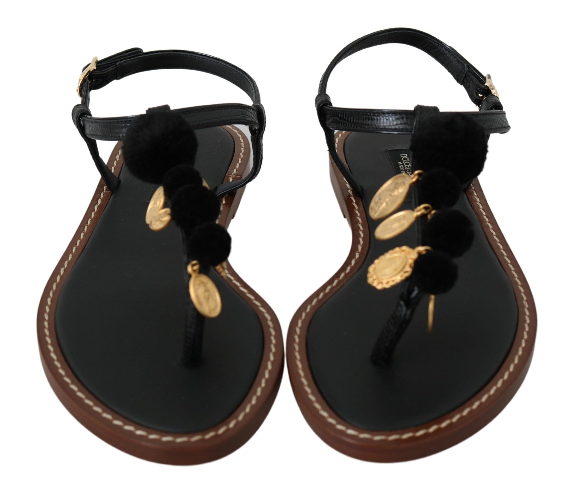 Dolce & Gabbana Black Leather Coins Flip Flops Sandals Shoes - SMARTMARTNZ