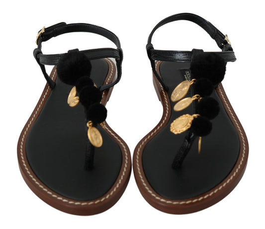 Dolce & Gabbana Black Leather Coins Flip Flops Sandals Shoes - SMARTMARTNZ